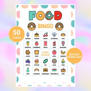 Op de afbeelding: Een kleurrijke Food Bingo-kaart met illustraties van voedsel. De kaart bevat de woorden "FOOD BINGO", en de tekst "50 CARDS" en "INSTANT DOWNLOAD". Het ontwerp is speels en kleurrijk.