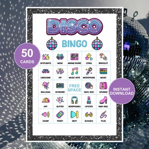 May include: A colorful "Disco Bingo" game card with a black glitter border. The card features bingo squares with disco-themed icons and the text "Disco Bingo". Two purple circles display "50 Cards" and "Instant Download".