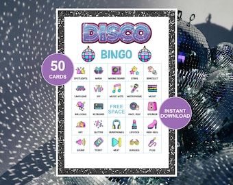 Disco Bingo Karten 50 Party Boards für 70er Jahre Disco Party Disco Ball Retro Geburtstagsparty Kinder Sofort Download Jahrzehnte Ereignis Aktivität Senioren