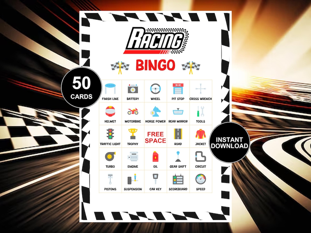 Racing Bingo Game Printable 50 Cards Race Car Birthday Game Race Track ...