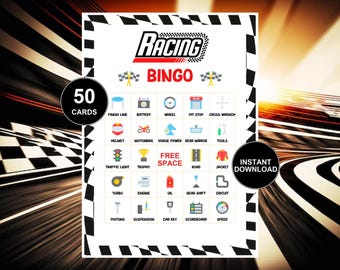 Gioco di Bingo da Corsa Stampabile da 50 Carte Gioco di Compleanno con Auto da Corsa Pista da Corsa Gioco di Bingo per Amanti delle Auto Download Istantaneo Formula 1 Festa Attività per Bambini
