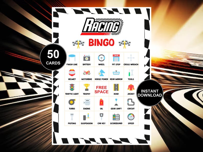 Racing Bingo Game Printable 50 Cards Race Car Birthday Game Race Track ...