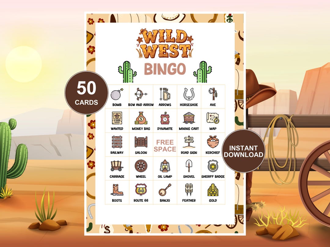 Wild West Bingo 50 Cards Rodeo Western Game Kids Birthday Party West ...