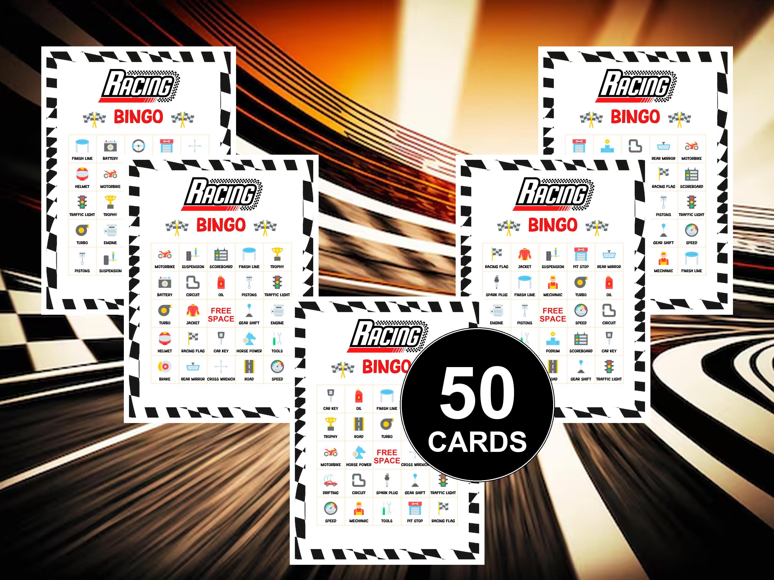 Racing Bingo Game Printable 50 Cards Race Car Birthday Game Race Track ...