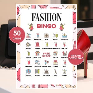 Może przedstawiać: Karta do gry Fashion Bingo z tytułem "FASHION BINGO" i ilustracjami przedmiotów związanych z modą. Karta zawiera tekst "50 KART" i "NATYCHMIASTOWE POBIERANIE". Czerwona szpilka i czarna torebka są w tle.