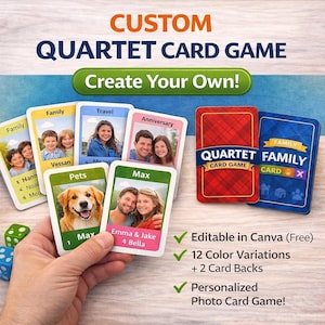 Op de afbeelding: Een aangepast kwartetkaartspel met de tekst "Create Your Own!". De kaarten bevatten familiefoto's, een huisdier en een stel. Het spel bevat 12 kleuropties, 2 kaartruggen en is bewerkbaar in Canva.
