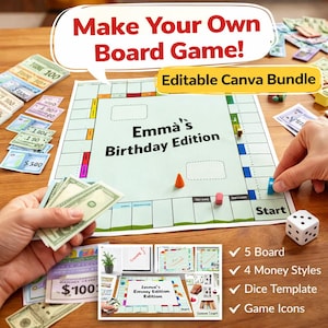 Op de afbeelding: Een bordspel getiteld "Emma's Birthday Edition" met speelgeld, dobbelstenen en pionnen. De tekst "Make Your Own Board Game!" en "Editable Canva Bundle" worden weergegeven. De afbeelding bevat ook een lijst met functies.