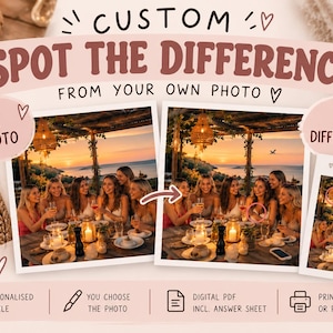 May include: A custom spot the difference puzzle created from a personal photo. The design features two side-by-side images of a group dining at sunset, with a third smaller image showing an answer sheet with seven circled differences.