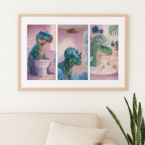 Funny Bathroom Dinosaur Art Printable Bundle | T-Rex Wall Art for Kids Bathroom | Quirky Dino Digital Download Set