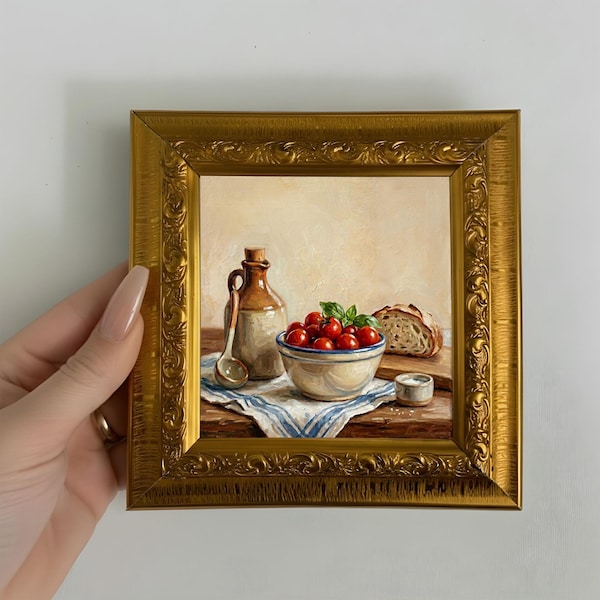 Hand Painted Tomato Oil Painting Mini Canvas Wall Art, Small Framed Kitchen Decor