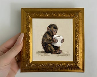 Original Monkey With Toilet Paper Oil Painting Small Framed Art Animal Wall Decor