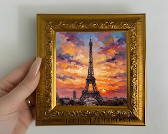 Schilderij zonsondergang Eiffeltoren, handgeschilderd canvas, muurdecoratie stadsgezicht