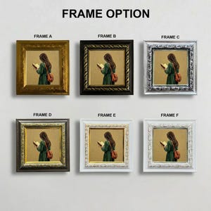 May include: Six framed art prints showcasing a woman reading a book, each in a different frame style. Frame options include gold, black, silver, and white, with ornate and simple designs. The text "FRAME OPTION" is at the top.