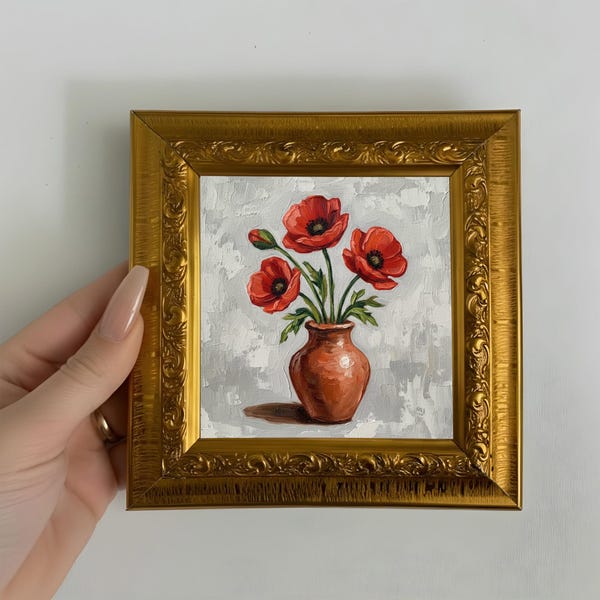 Hand Painted Red Flower Oil Painting Small Framed Original Art, Cozy Wall Decor