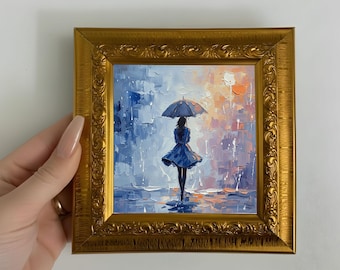 Vrouw met paraplu-olieverfschilderij, kleine ingelijste originele kunst