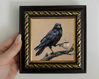 Crow Coffee Oil Painting Original Small Canvas Art Whimsical Wall Decor
