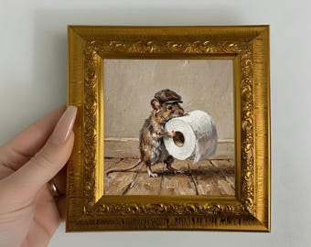 Original Mouse With Toilet Paper Oil Painting Small Framed Art Animal Wall Decor