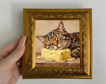 Cuadro al óleo original de un gato durmiendo con mantequilla sobre lienzo pequeño. Decoración de pared con motivos de animales.