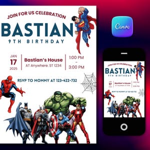Editable Superhero Birthday Evite for Boys - Mobile Invitation Template, Kids Invitation , Canva Printable, Instant Download Canva