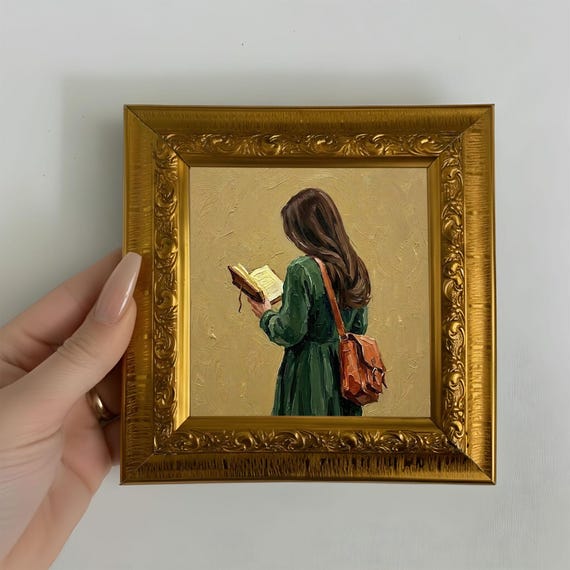 Reading Girl Oil Painting Original Mini Canvas Wall Art Book Lover Artwork