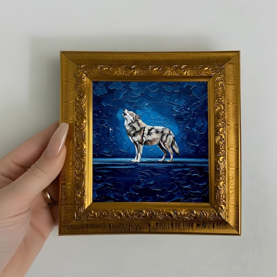 Wolf Oil Painting Small Framed Original Art, Animal Artwork Wall Decor