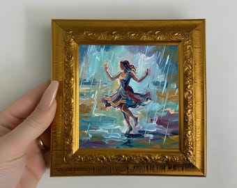 Dansen in de regen-olieverfschilderij, originele abstracte vrouw canvaskunst