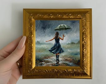 Handgeschilderde vrouw met paraplu olieverfschilderij originele mini canvas muurkunst