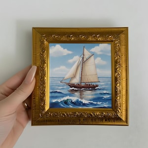 Hand Painted Sailboat Oil Painting, Small Wall Decor Gift, Blue Ocean Wall Art