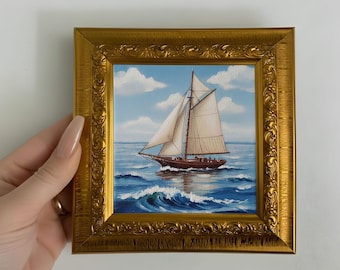 Dipinto a olio di barca a vela dipinto a mano, piccolo regalo decorativo da parete, arte murale oceano blu