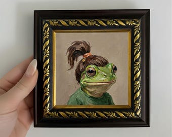Cuadro al óleo original de una rana, pequeño lienzo enmarcado, arte de pared con animales.