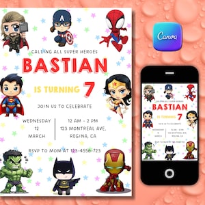 Superhero Birthday Invitation, Boys Party, Editable Canva Template, Digital Download