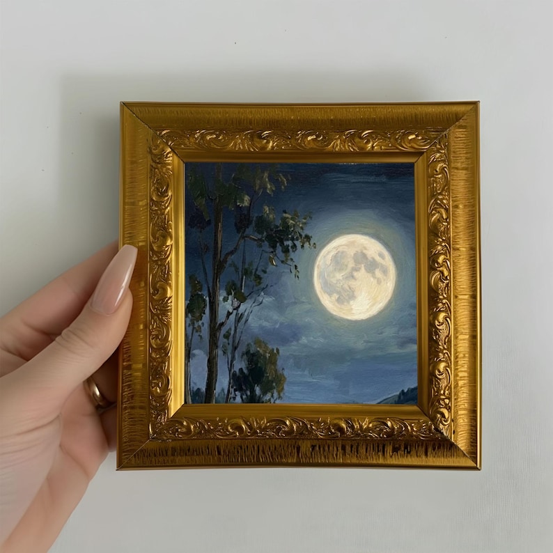 Moon Landscape Oil Painting Original Mini Canvas Wall Art - Etsy