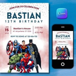 Superhero Birthday Invitation for Boy | Editable Party Evite | Template  Digital Download | Kids Birthday Printable  Instant Invite