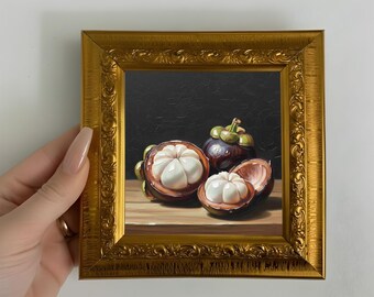 Mangosteen Oil Painting Original Artwork on Canvas, Small Framed Fruit Wall Art Decor