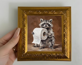 Original Raccoon With Toilet Paper Oil Painting Small Framed Art Animal Wall Decor