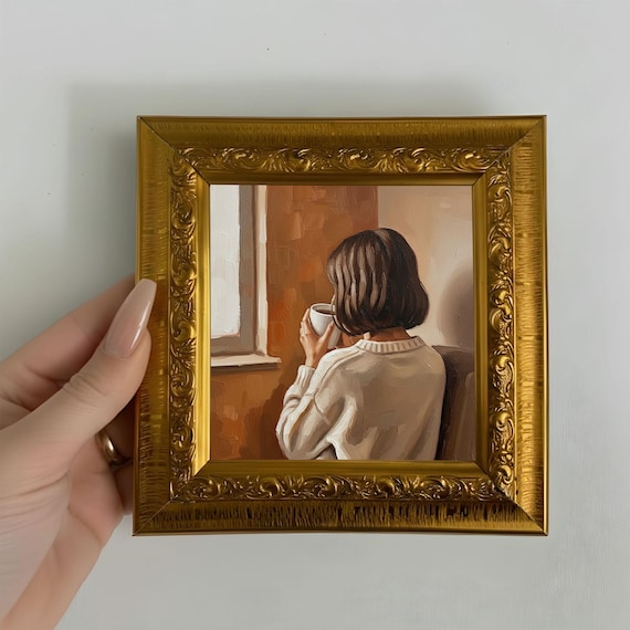 Hand Painted Woman Drinking Coffee Oil Painting Original Mini Canvas Cozy Wall Art