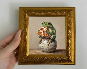 Frog Eating Pizza Oil Painting Original Mini Canvas Wall Art Frog Artwork