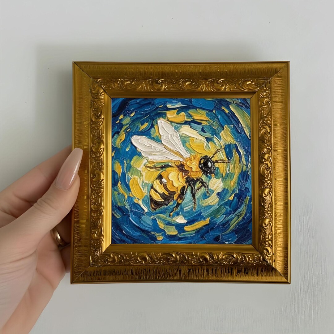 Bee Oil Painting, Small Framed Original Art Animal Artwork Wall Decor ...