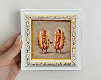 Handgeschilderde hotdog-olieverfschilderij voedsel muurkunst, keuken wanddecoratie