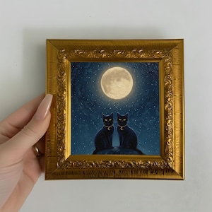 Pintura al óleo de gato negro y luna, arte de pared de animales pequeños, decoración de pared para guardería