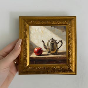 Apple and Teapot Oil Painting Small Framed Original Art, Kitchen Wall Decor