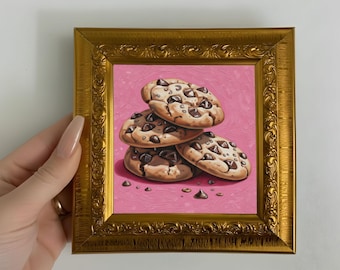 Chocolate Chip Cookies Oil Painting, Small Framed Original Art Kitchen Wall Decor