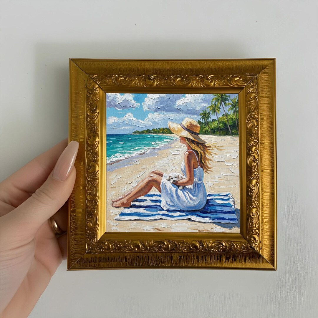 Original Beach Woman Oil Painting Small Framed Wall Decor, Girl Artwork ...