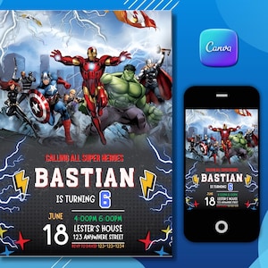 Editable Superhero Birthday Invitation for Boys, Canva Template, Superhero Theme Birthday Invite , Instant Download Evite
