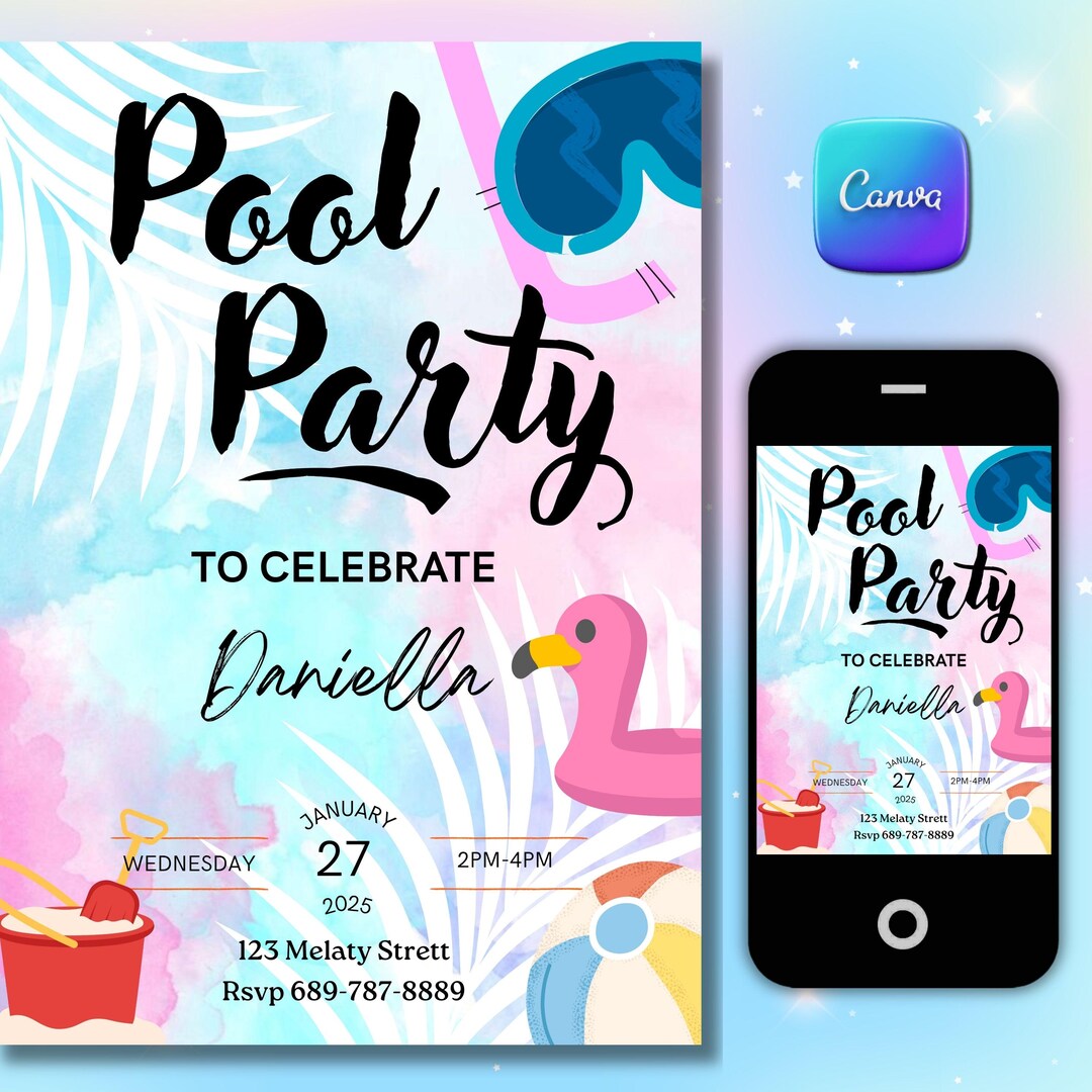 Photo Party Invitations Editable Pool Party Birthday Invitation Summer Birthday Party Invite ...