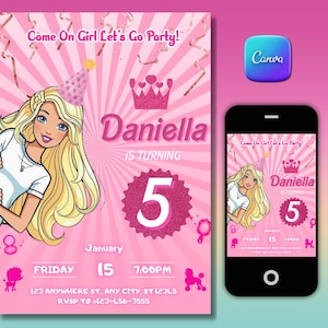 Doll Pink Girls Birthday Invitation Birthday Evite Girl&#39;s Invite Editable Birthday Party Invite for Theme Pink Birthday Instant Download