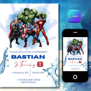 Editable Superhero Birthday Invitation – Boy Party Evite, Instant Canva Template, Kids Printable Invite, Boys Birthday Download