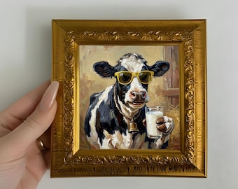 Cow with Glasses Oil Painting Original Mini Canvas Wall Art Cow Artwork