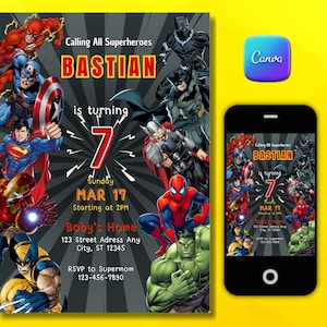 Editable Superhero Boys Birthday Hero Theme Invitation Party Birthday Party Evite Mobile Invite for Birthday Instant Download Canva