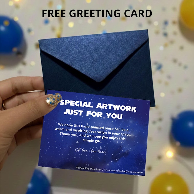 Op de afbeelding: Een marineblauwe envelop met een wenskaart met de tekst "SPECIAL ARTWORK JUST FOR YOU". De kaart heeft een sterrenachtergrond en de tekst "FREE GREETING CARD" bovenaan. De Etsy shop URL staat onderaan.